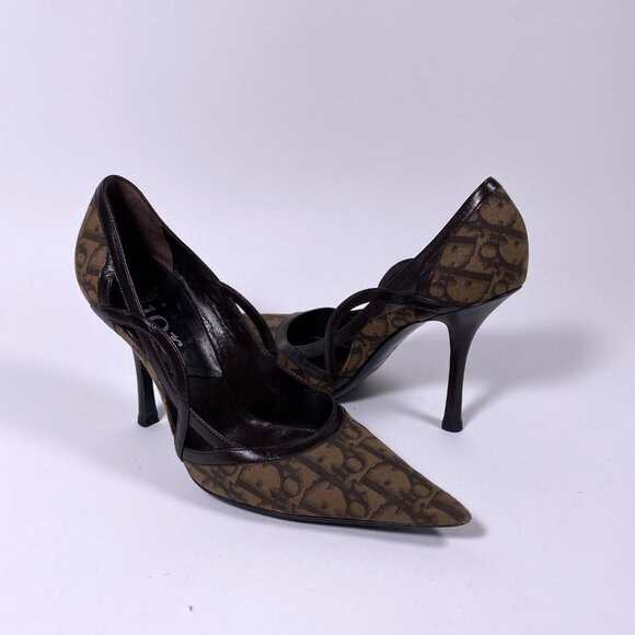 DIOR Brown Oblique Leather Trim Pumps - Picture 1 of 10